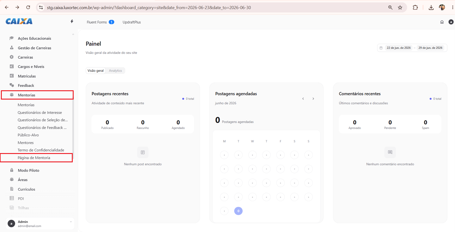 Para visualizar a tela de Mentorias clique no menu do wp-admin em mentorias > Página de Mentorias